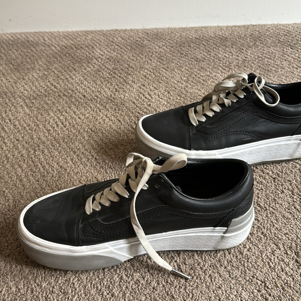 Women’s Vans Black and White Leather Platform Sneaker Shoes
